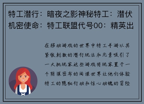 特工潜行：暗夜之影神秘特工：潜伏机密使命：特工联盟代号00：精英出动幽灵行者：夜色幽灵